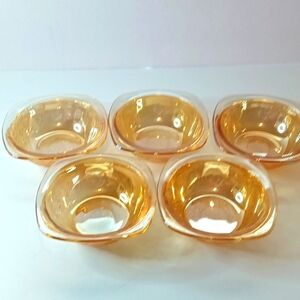 Jeannette Glass Floragold Iridescent Amber Louisa Pattern Squared 5 Berry Bowls